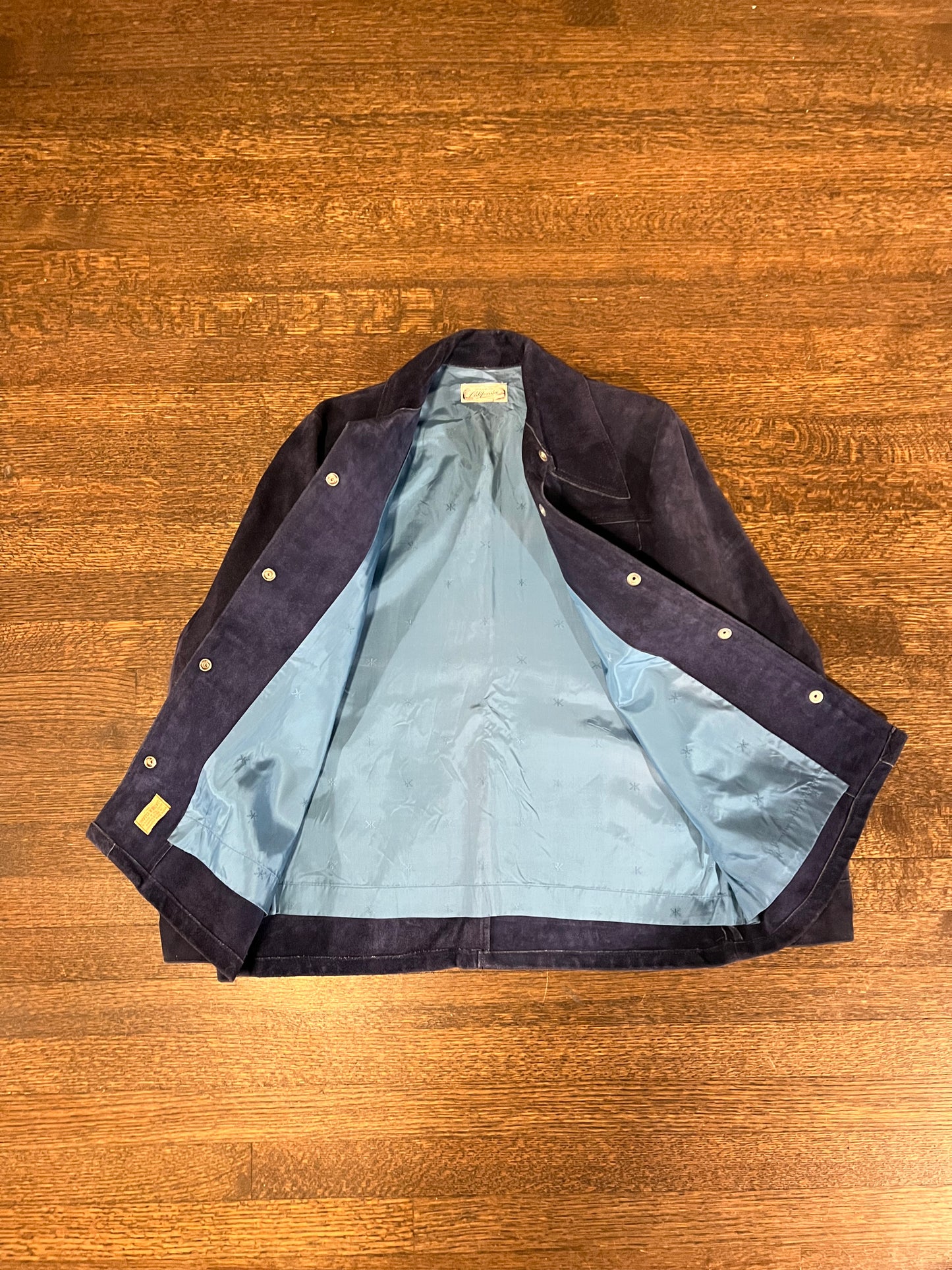 1970s Made in California Blue Suede Snap Button Western Style Dagger Collar Vintage Suede Jacket