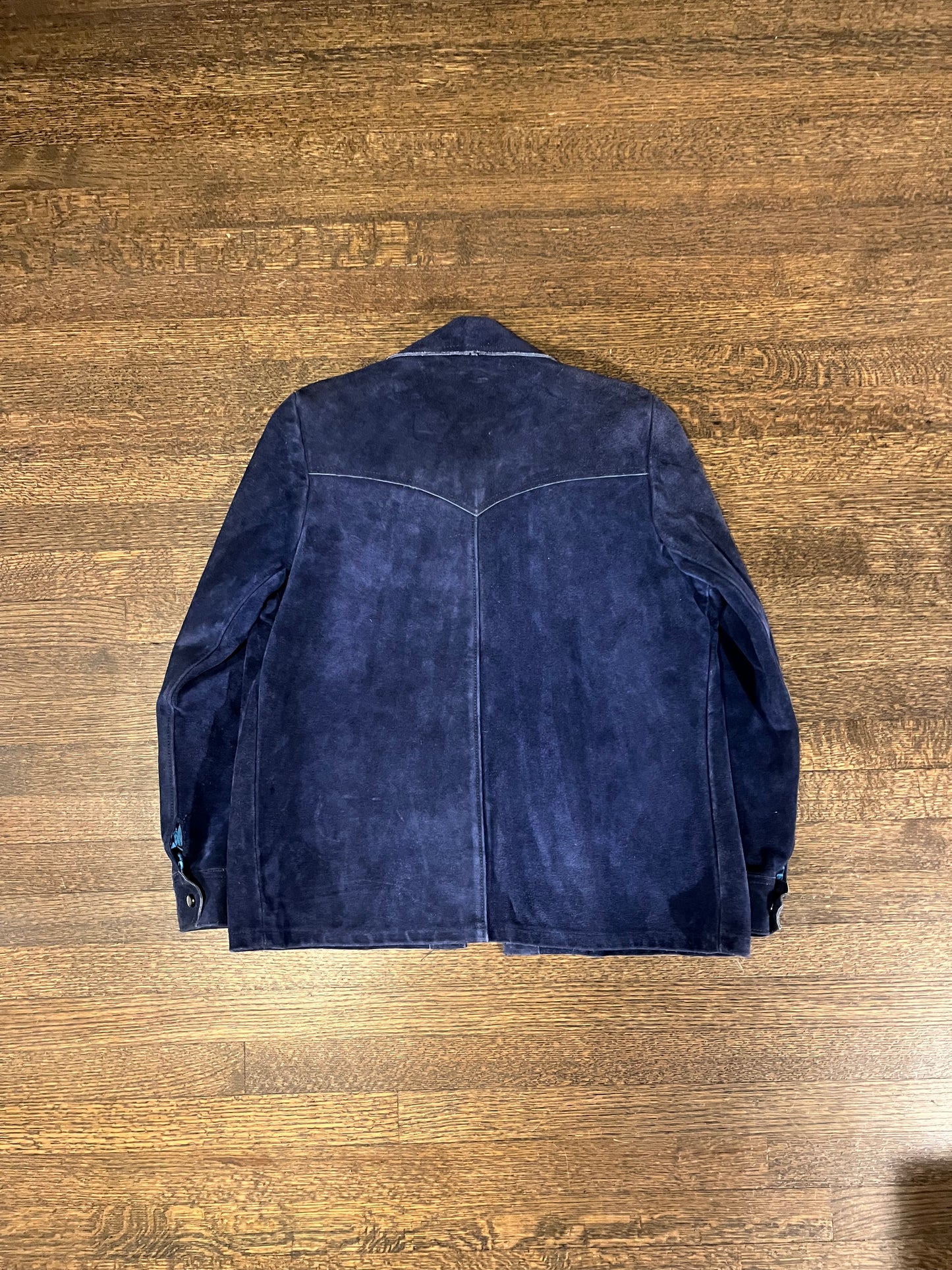 1970s Made in California Blue Suede Snap Button Western Style Dagger Collar Vintage Suede Jacket