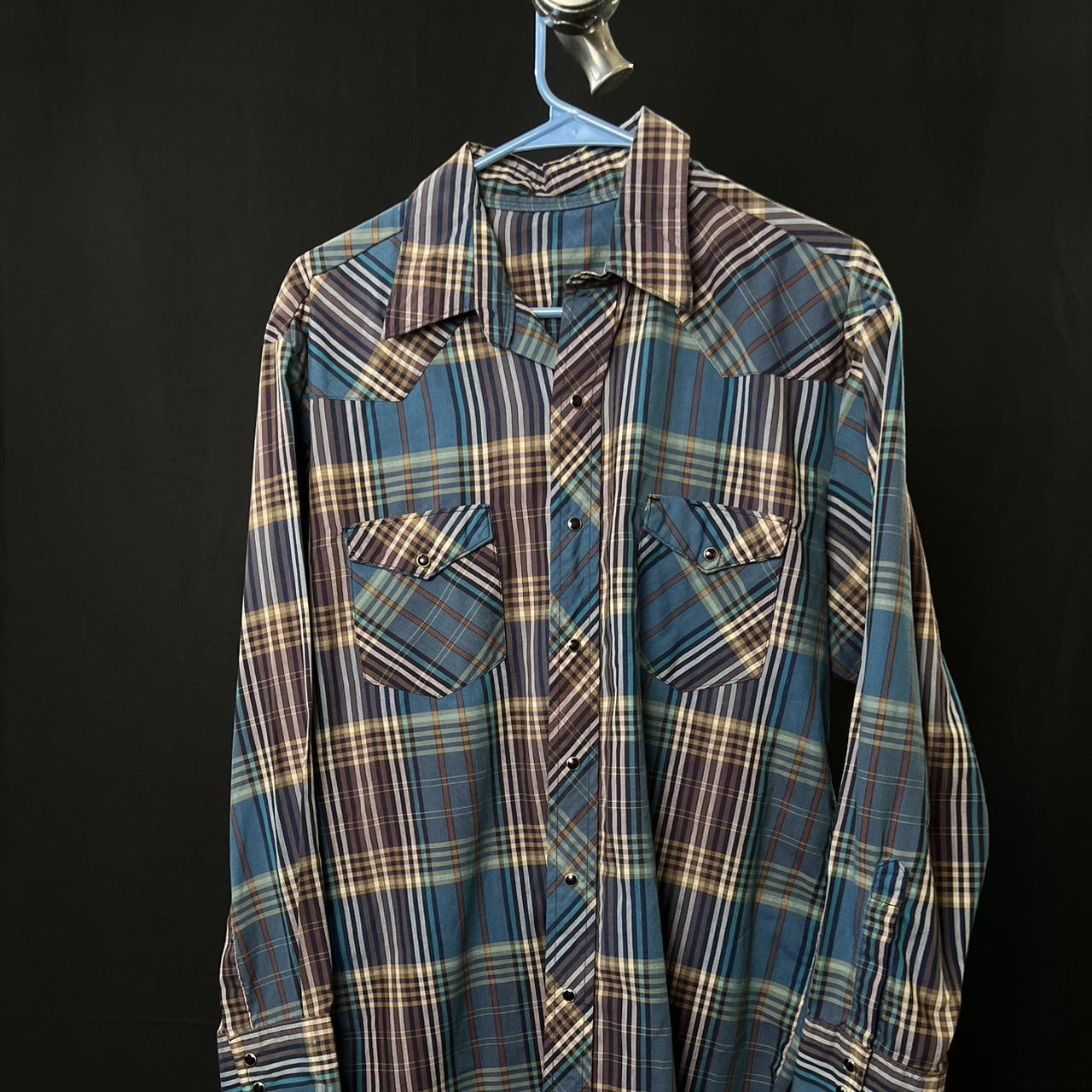 Blue and brown plaid Pearl snap shirt with a western vibe western wear