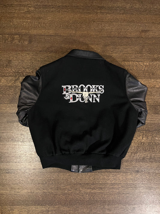 1990s Brooks & Dunn Black Patches Aztec Pattern Vintage Leather Varsity Jacket