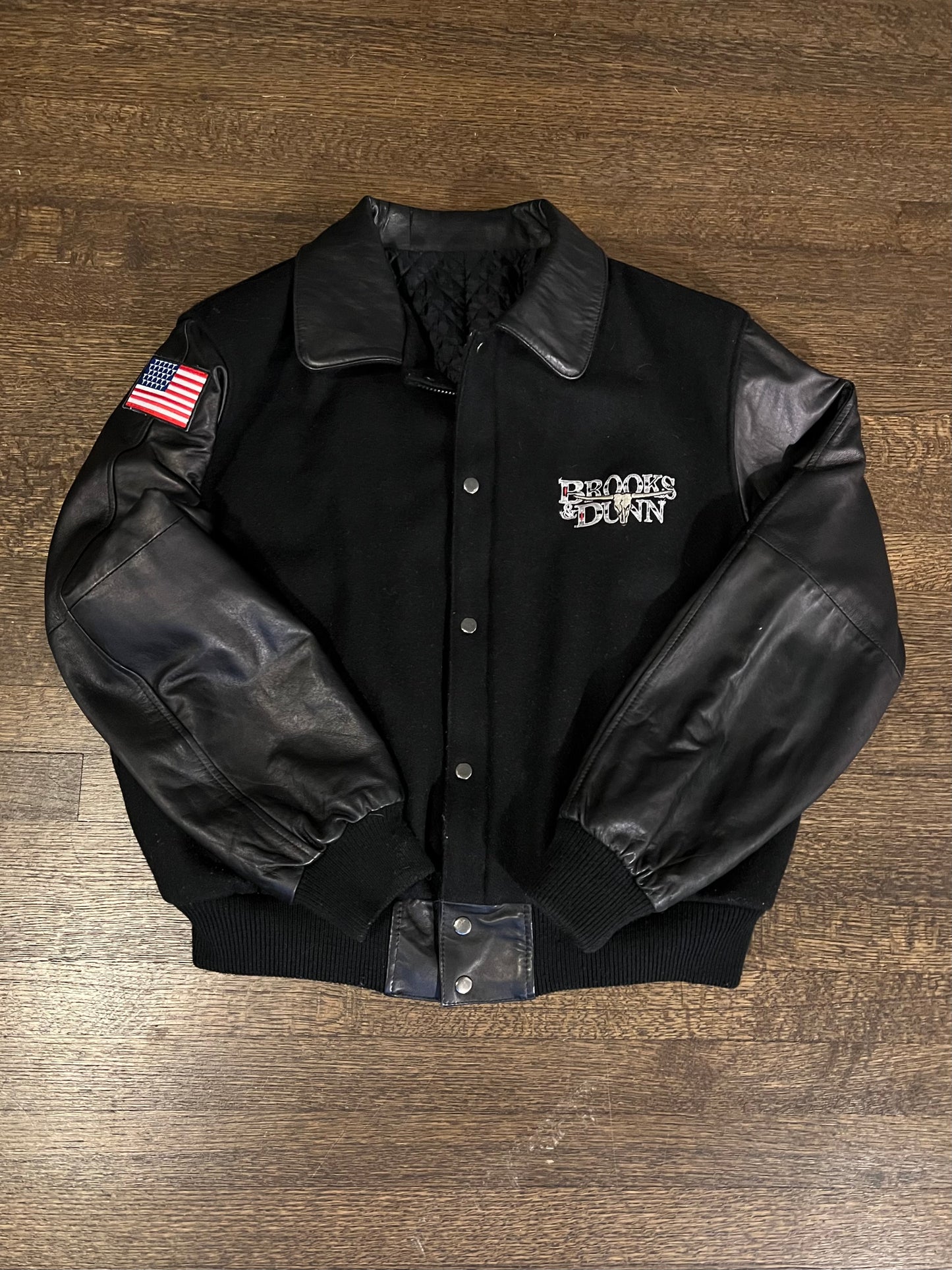 1990s Brooks & Dunn Black Patches Aztec Pattern Vintage Leather Varsity Jacket