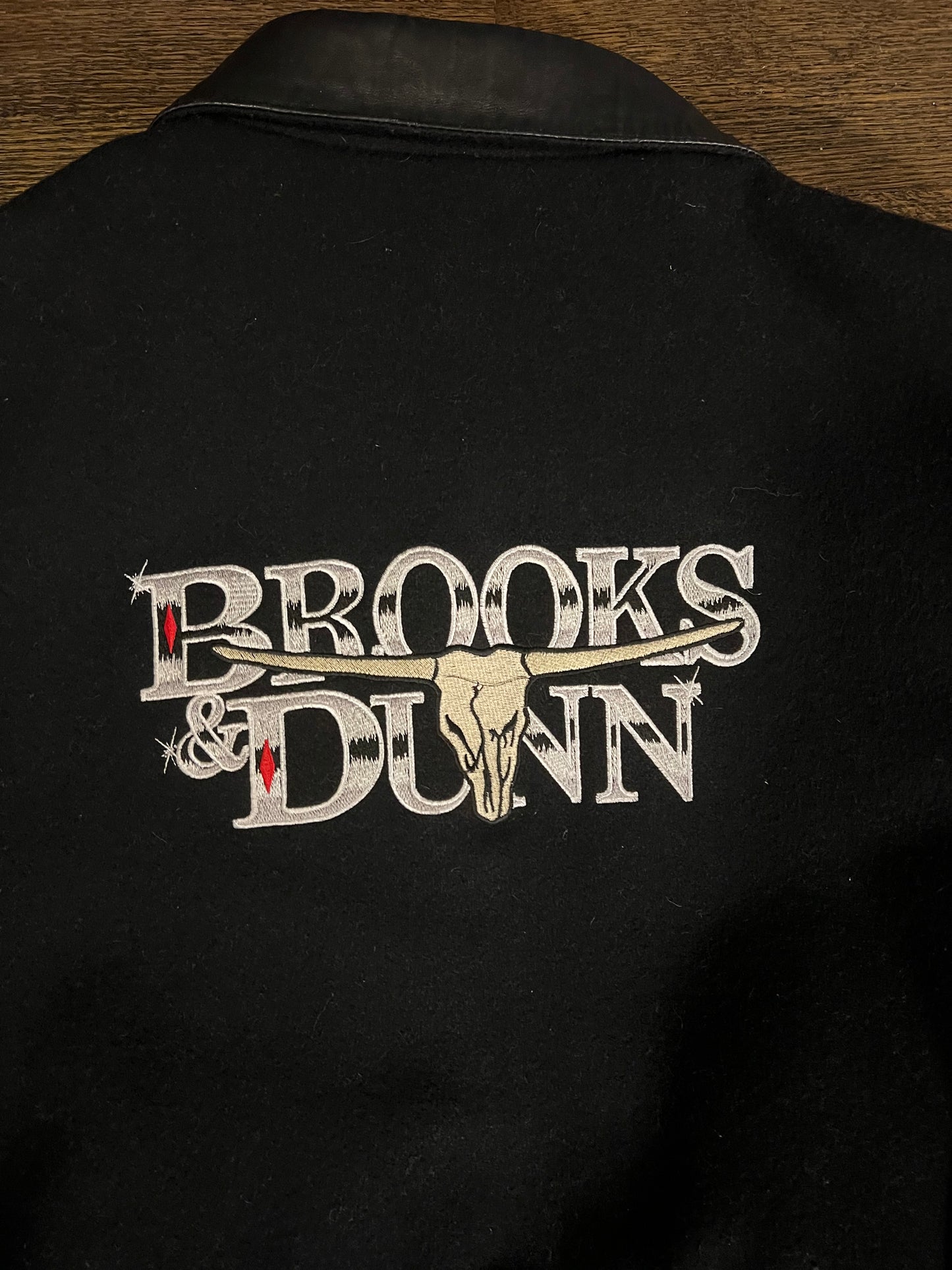 1990s Brooks & Dunn Black Patches Aztec Pattern Vintage Leather Varsity Jacket